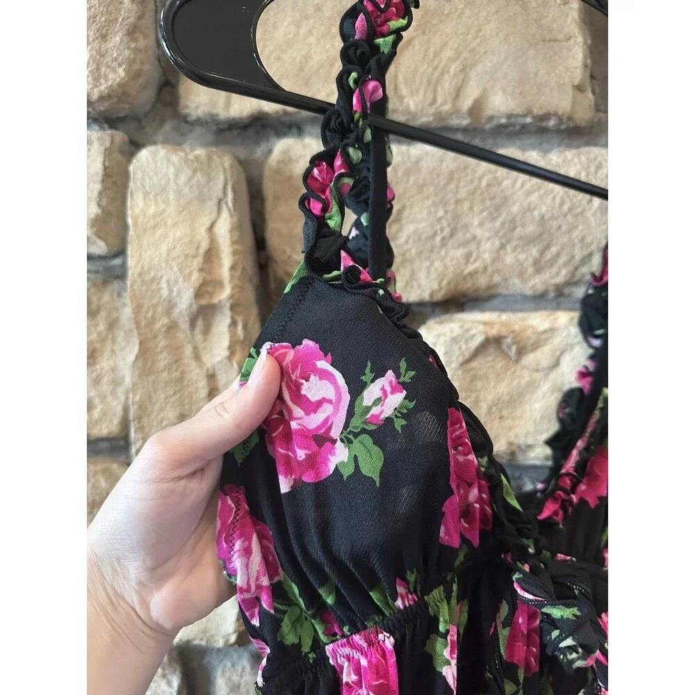 Y2K Smart & Sexy Lingerie Black/Pink Rose Babydoll Slip Dress Ruffle Bow Sheer L